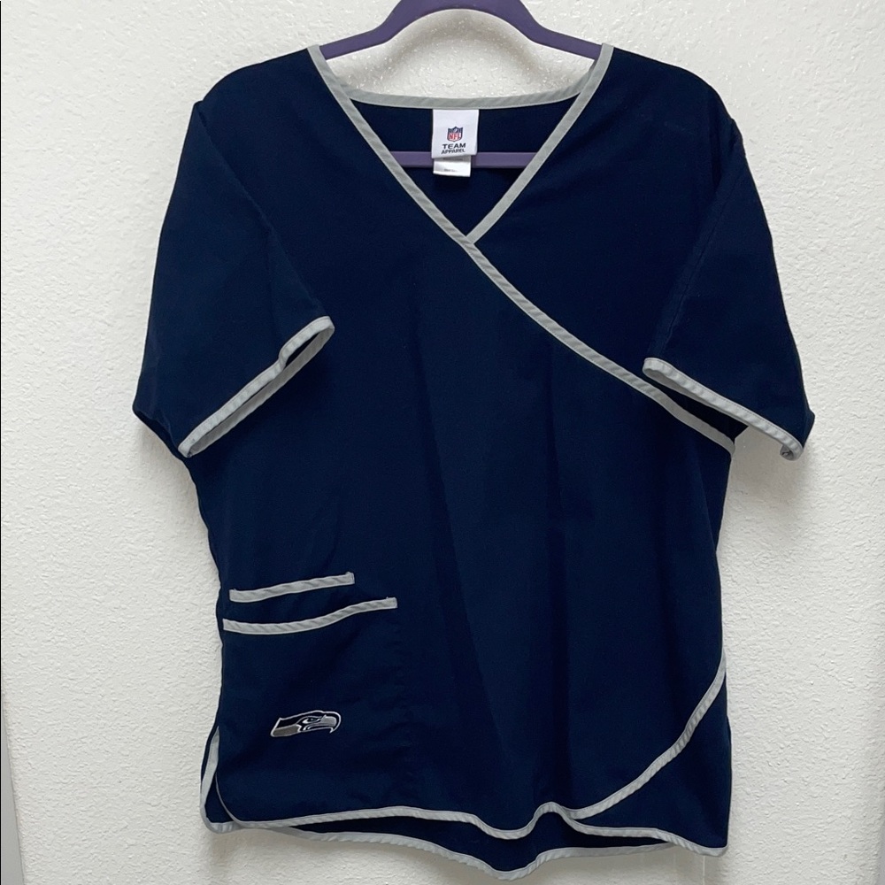 NFL Team Apparel Seattle Seahawks Navy and Gray Scrub Top Women’s Large